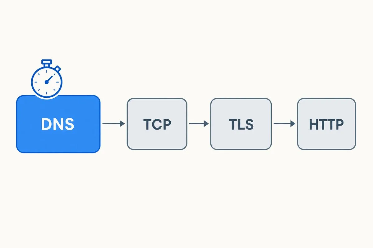 A monitoring check lifecycle: DNS resolution first, then TCP connect, TLS handshake, and HTTP request