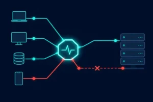 Diagram of a monitoring node testing a website over two separate paths, an IPv4 path shown healthy and an IPv6 path shown broken.