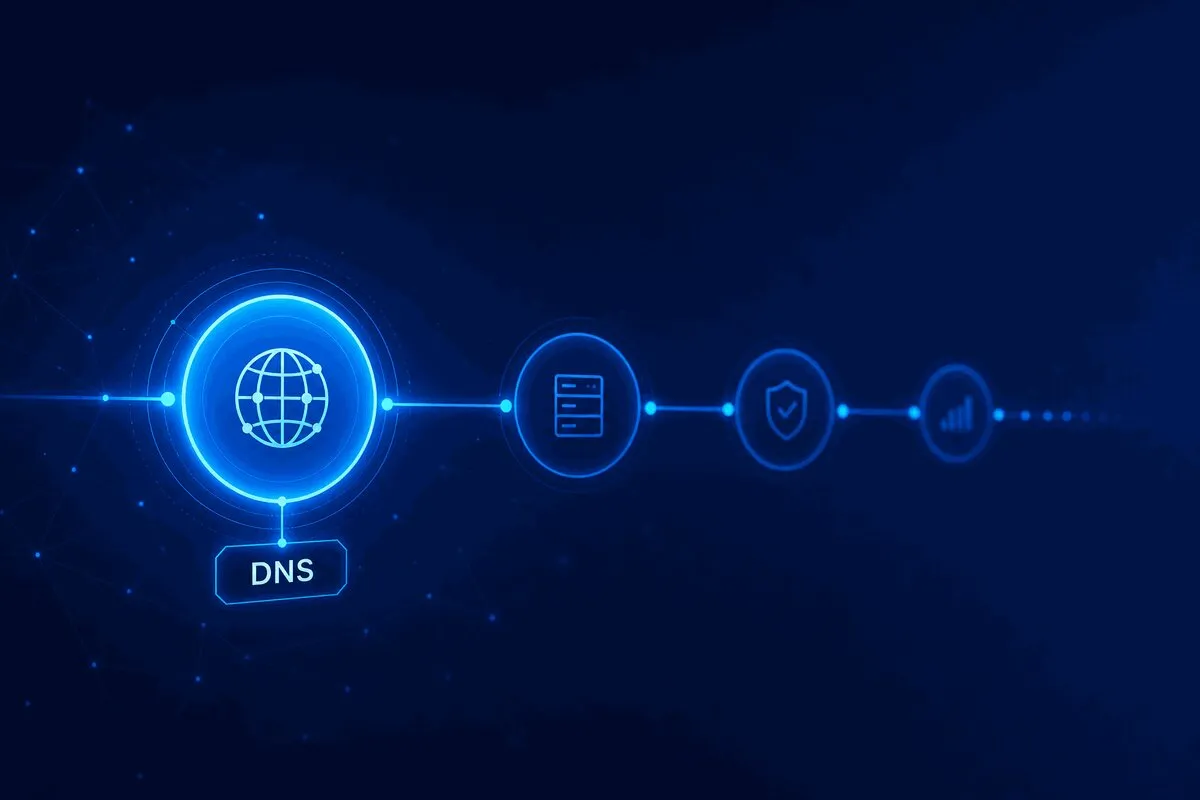 DNS resolution shown as the first step of a monitoring check, before TCP, TLS, and HTTP stages
