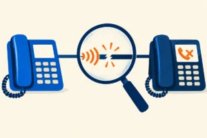 A magnifying glass exposes an interrupted call path between two office phones, with a failed-call symbol on the receiving phone.