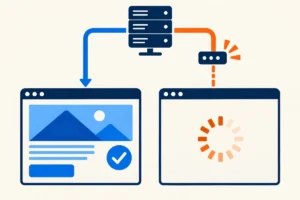 Two independent paths reach the same web server; one browser loads while the other waits behind a failing network gateway.