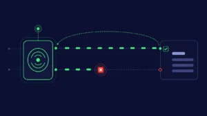 Editorial illustration of a monitoring probe firing two synthetic checks toward a target site — the top check flows cleanly and returns to the monitor, the bottom check silently breaks mid-path — visualizing the dual-stack blind spot that native IPv6 monitoring closes.