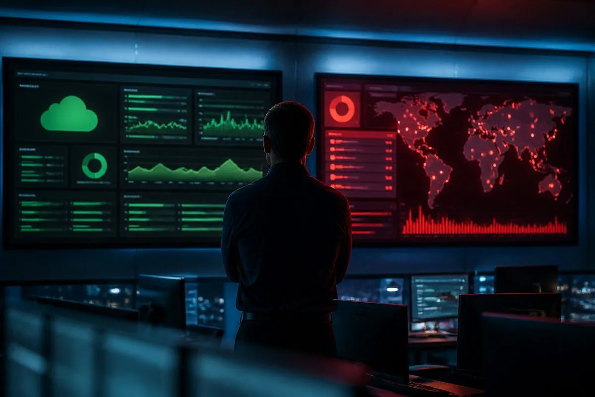 Network operations center with an all-green cloud infrastructure dashboard beside a red external monitoring alert showing failing check locations worldwide