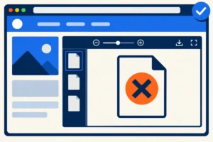 A successfully loaded website contains an embedded document viewer with a large failed-file symbol.