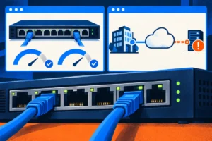 Two monitoring views compare healthy Ethernet switch activity with an office-to-cloud connection that warns of an unreachable service.