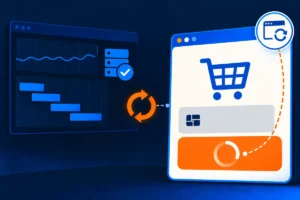 A browser check finds checkout stuck in a redirect loop while backend metrics and traces show healthy activity.
