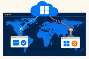 Monitoring locations on a world map test the same cloud application, showing a successful check in one region and a failed check in another.