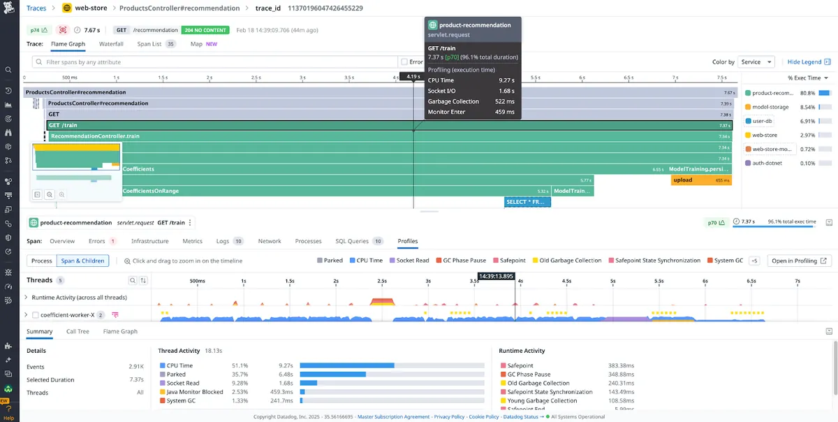 Datadog APM flame graph of a distributed trace showing spans across several services