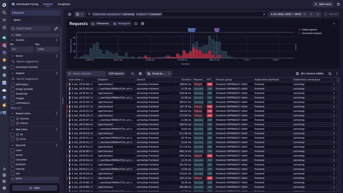 Dynatrace distributed tracing screen listing traces with duration, status and service details
