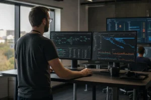 Site reliability engineer reviewing a distributed trace, service map and latency charts on two monitors