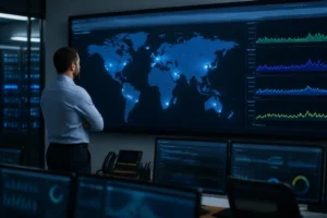 IT manager reviewing a world map of monitoring locations and latency graphs on a network operations dashboard
