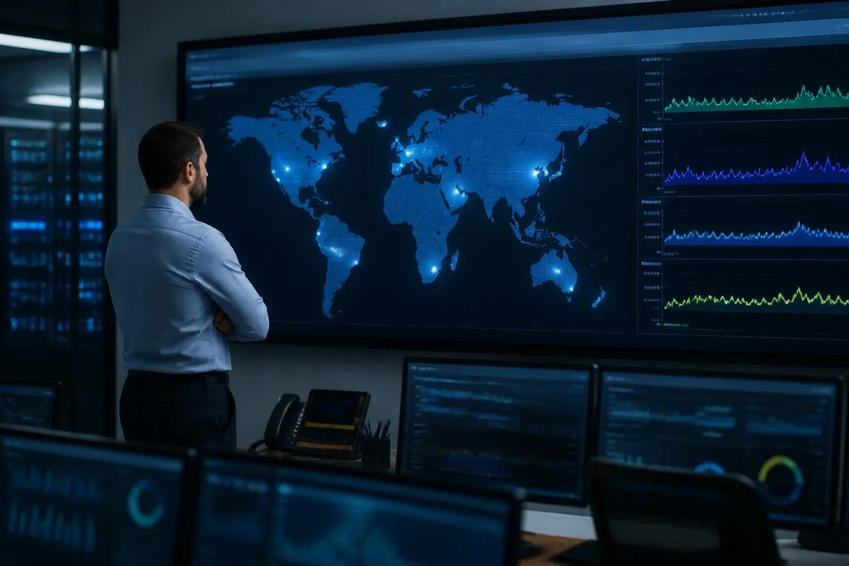 IT manager reviewing a world map of monitoring locations and latency graphs on a network operations dashboard