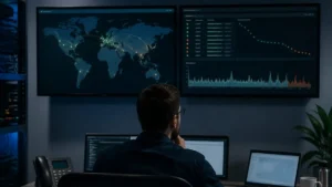 Network operations engineer reviewing latency and reachability dashboards in a small NOC