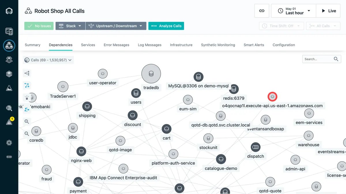IBM Instana service map showing dependencies between API services with health indicators