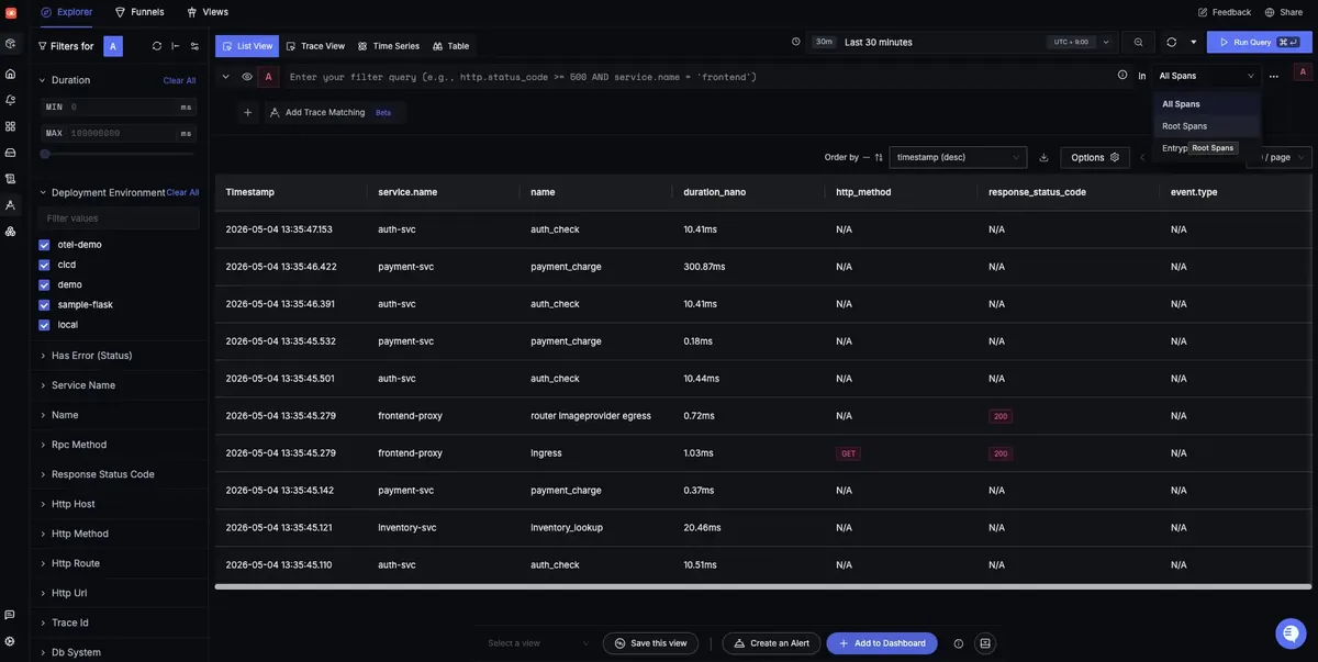 SigNoz trace explorer list view with service, duration and status columns