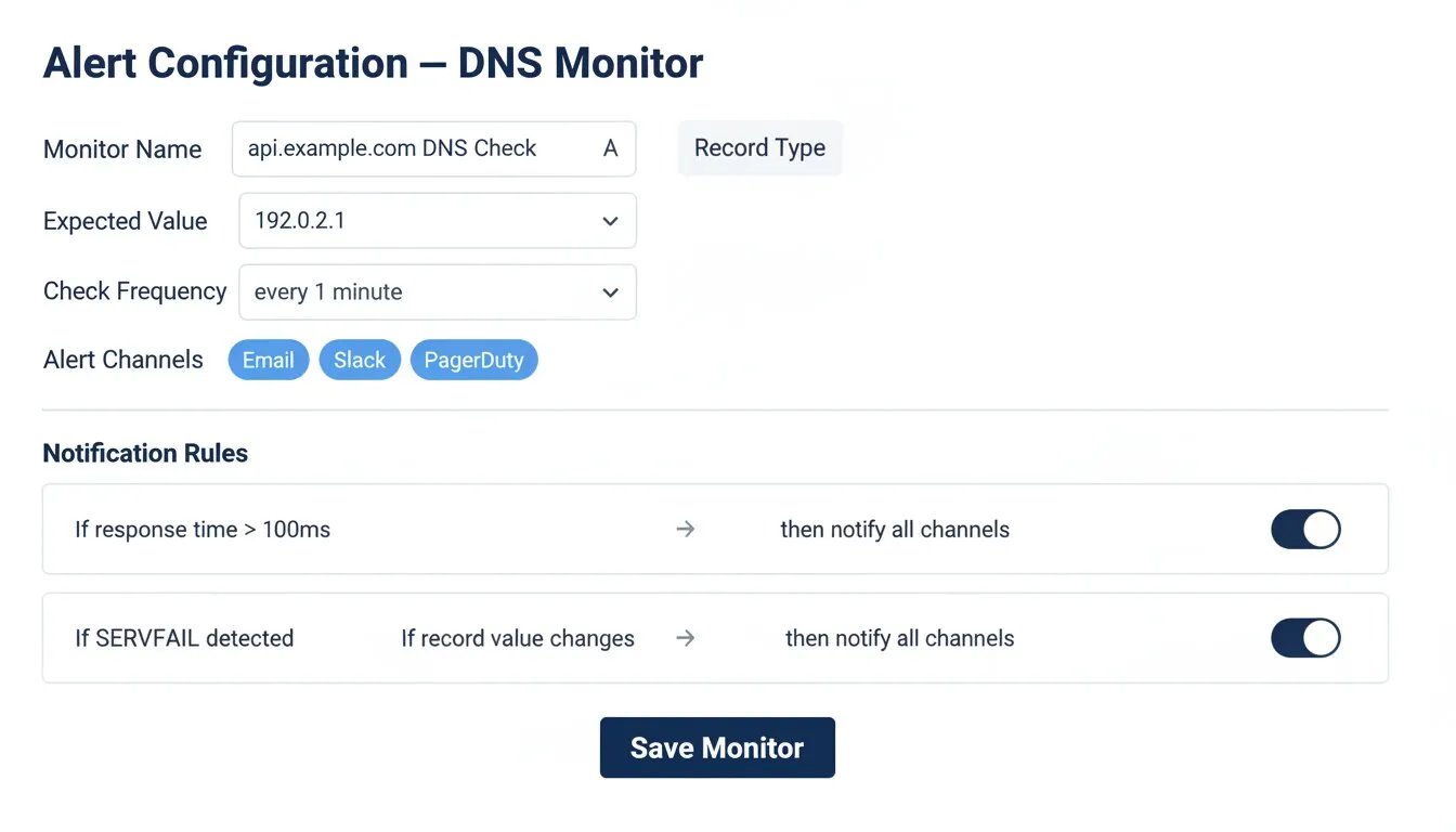 Dotcom-Monitor alert configuration screen showing notification groups, escalation rules, and integration targets for routing blacklist alerts to the mail team