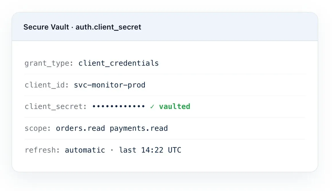 Secure Vault panel showing OAuth client credentials for API monitoring with the client_secret masked and marked as vaulted.