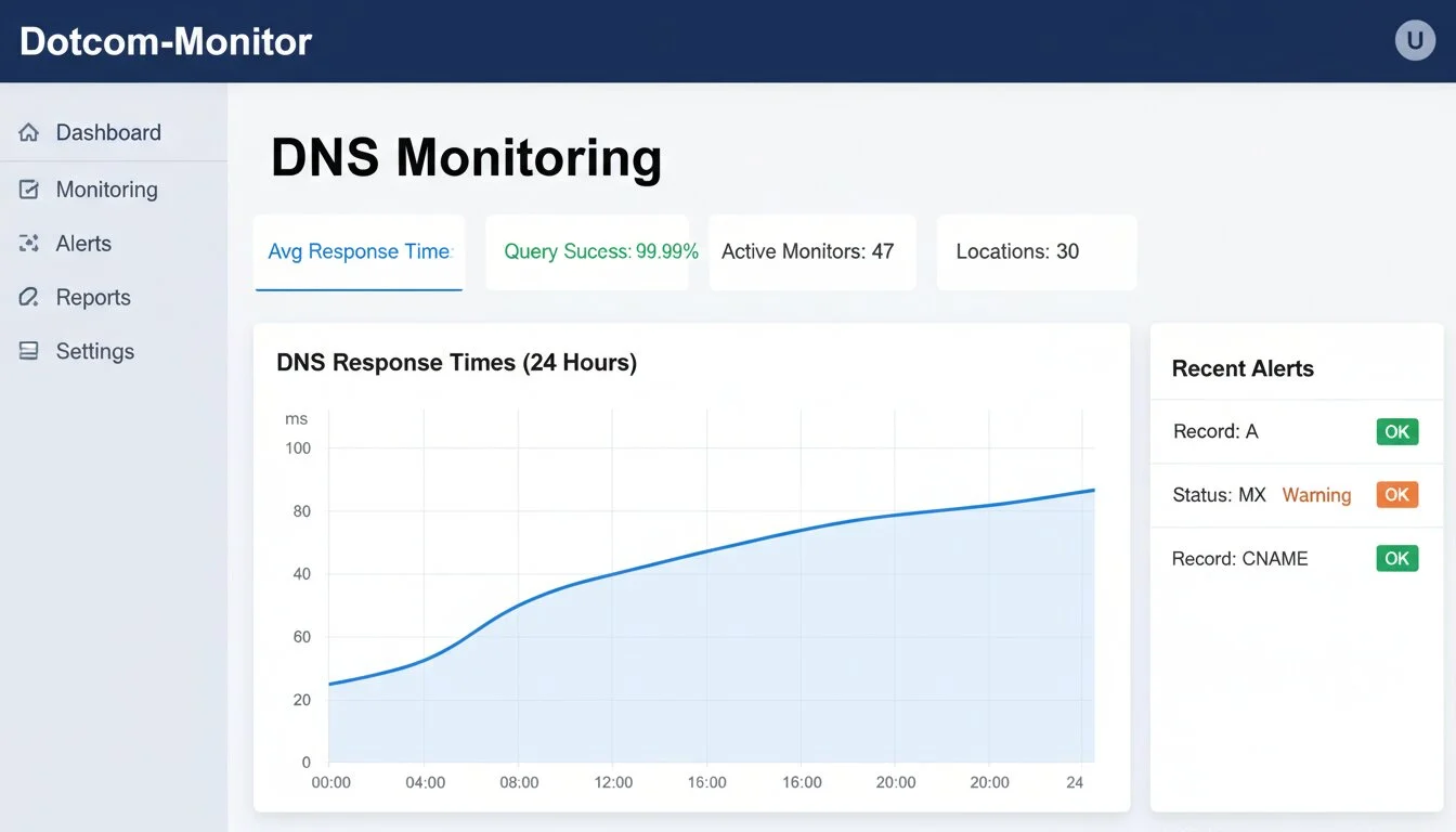 Dotcom-Monitor DNS monitoring dashboard showing response times, query success rate, active monitors, and recent alerts across 30 global locations