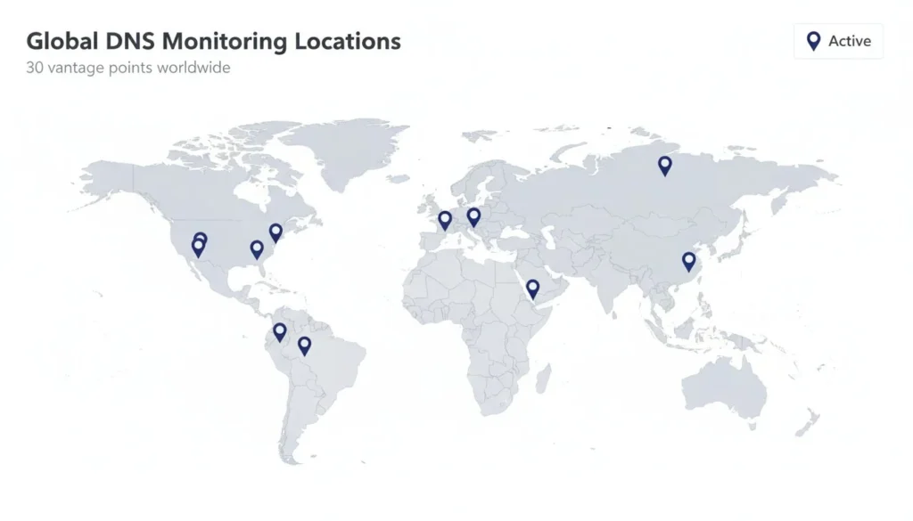World map showing Dotcom-Monitor's 30+ DNS monitoring locations across 6 continents
