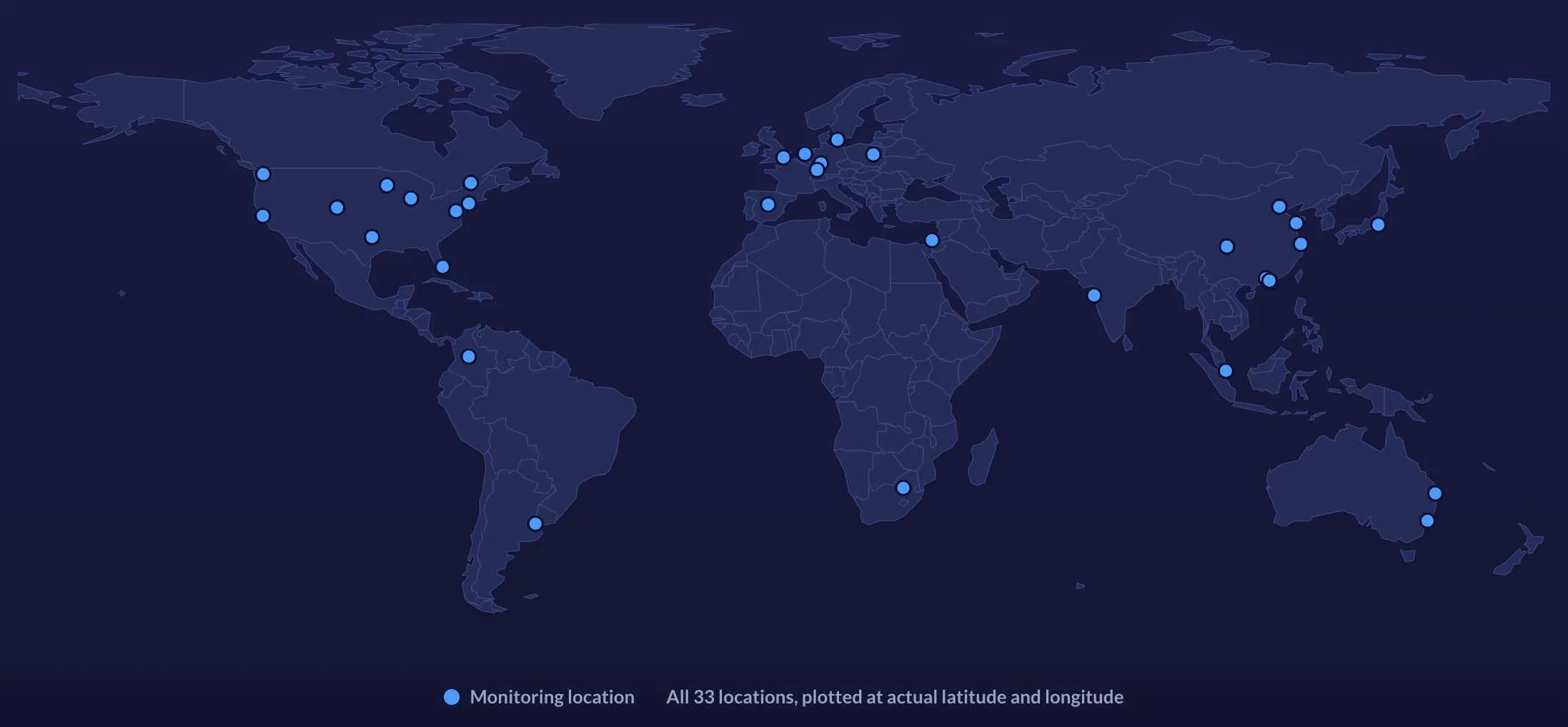 Dotcom-Monitor's 33 global monitoring locations plotted across 18 countries and 6 continents