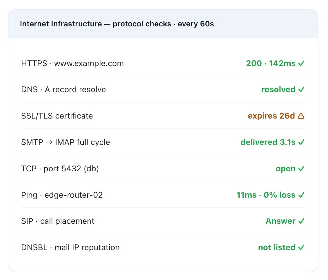 Protocol and uptime monitoring showing DNS, SMTP, ICMP, SSL, and TCP port checks running from the public internet