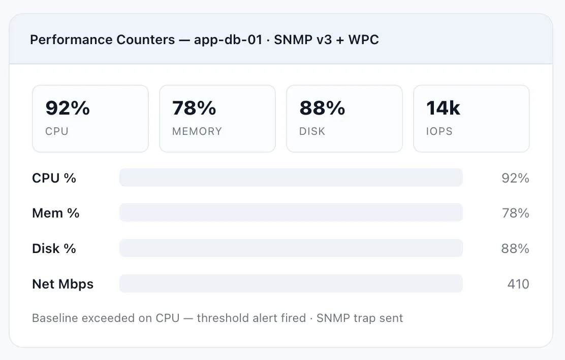 SNMP and performance-counter monitoring reporting CPU, memory, and disk metrics from inside the network