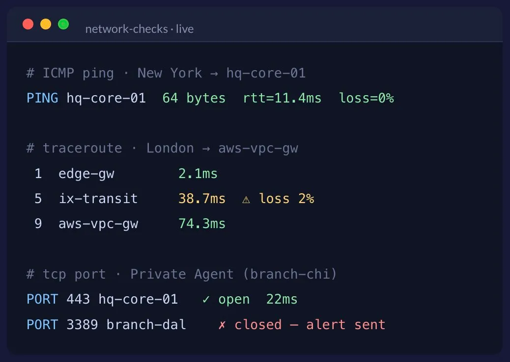 Dotcom-Monitor network monitoring dashboard tracking Ping, Traceroute, and TCP Port checks across 30+ global locations and Private Agents inside the network