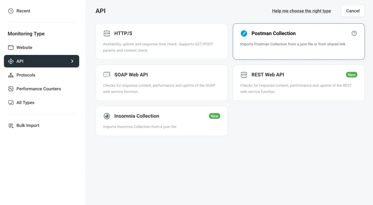 Postman API monitoring dashboard — Dotcom-Monitor interface showing collection import and monitoring configuration
