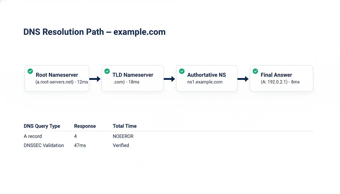 DNS resolution path visualization tracing from root nameserver through TLD nameserver to authoritative nameserver to final A record answer, with response time at each hop