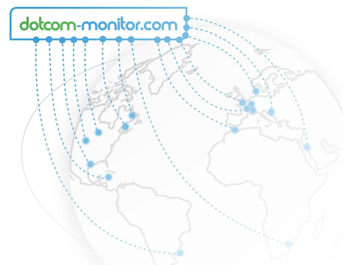 A diagram of a world map with dotted lines connecting locations and a Dotcom-Monitor logo, illustrating the global reach of Dotcom-Monitor’s advanced monitoring network.