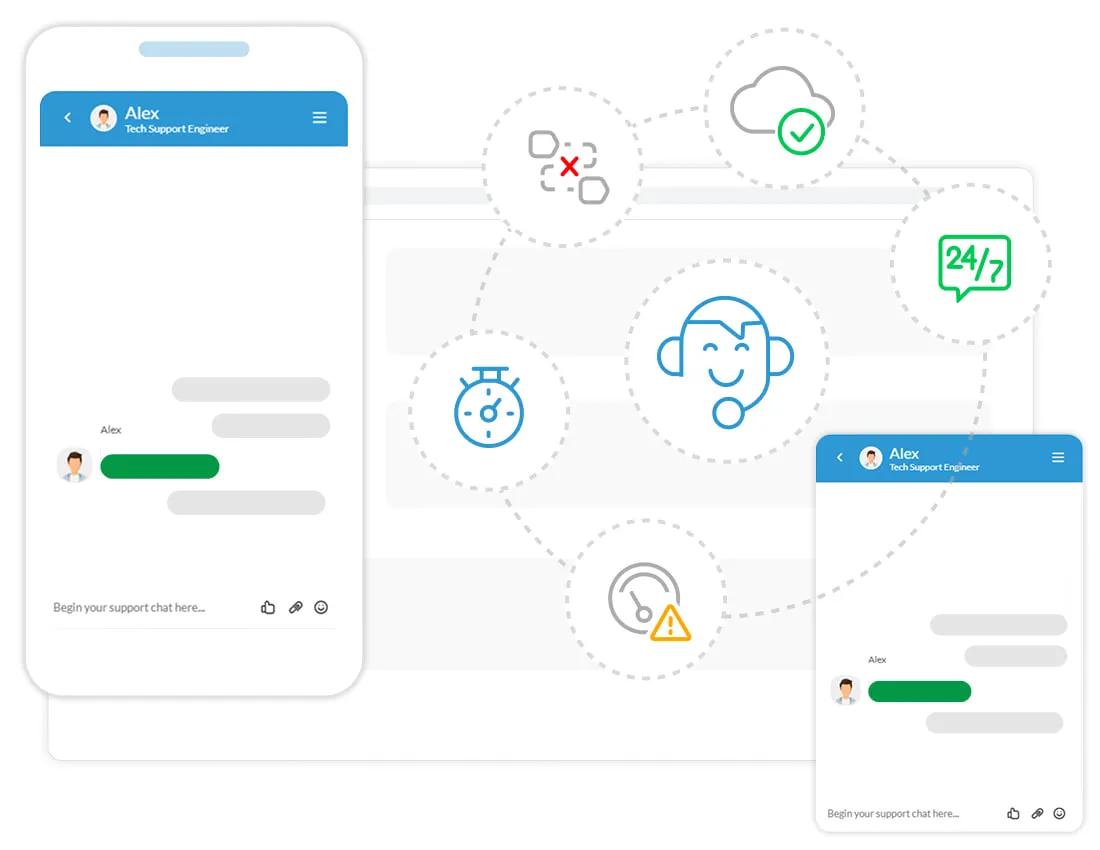 A graphic showing chat windows and tech icons, illustrating 24/7 expert support from Dotcom-Monitor.
