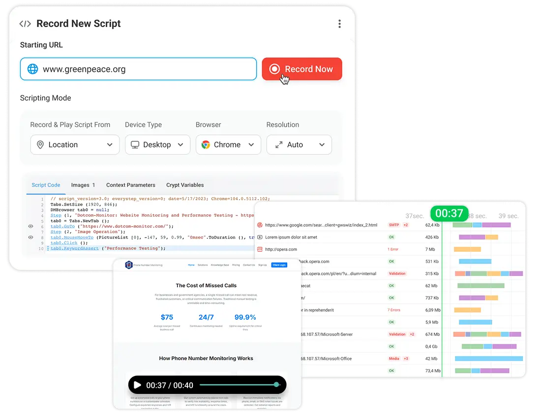 multi-step API monitor flow in EveryStep Recorder showing chained requests, assertions, and timing