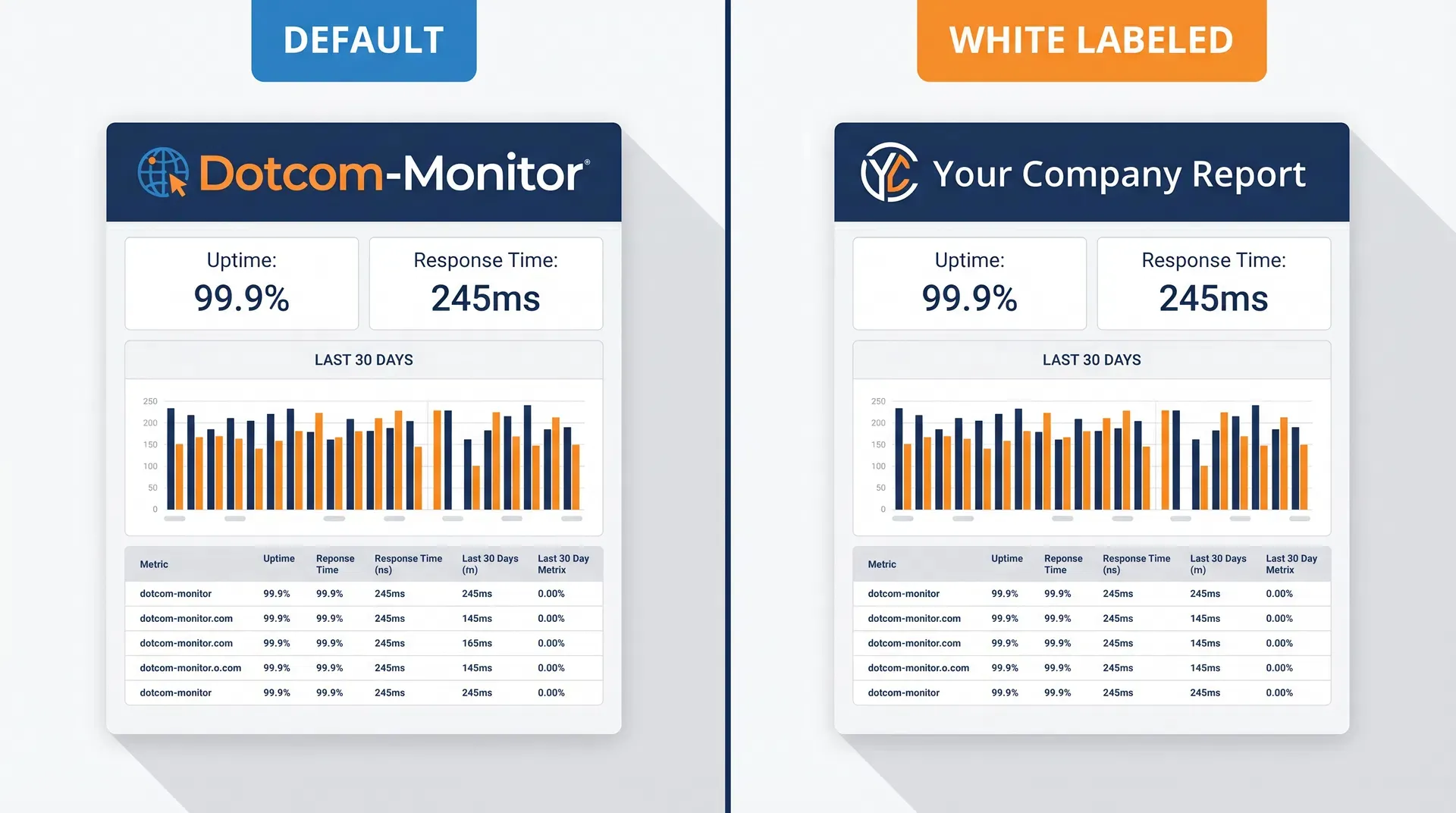 Side-by-side comparison of default vs white-labeled monitoring report