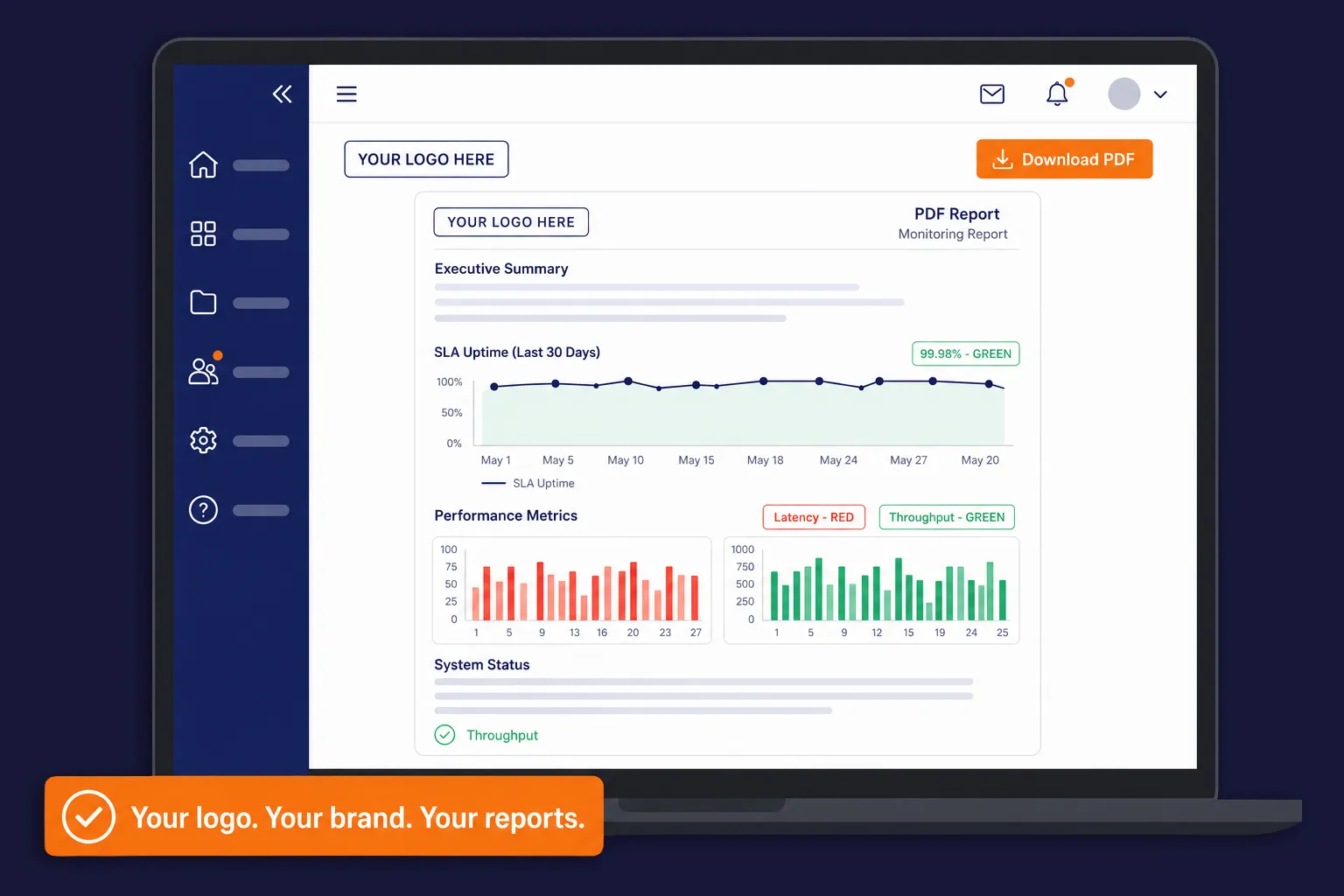 White-labeled monitoring dashboard showing custom company branding